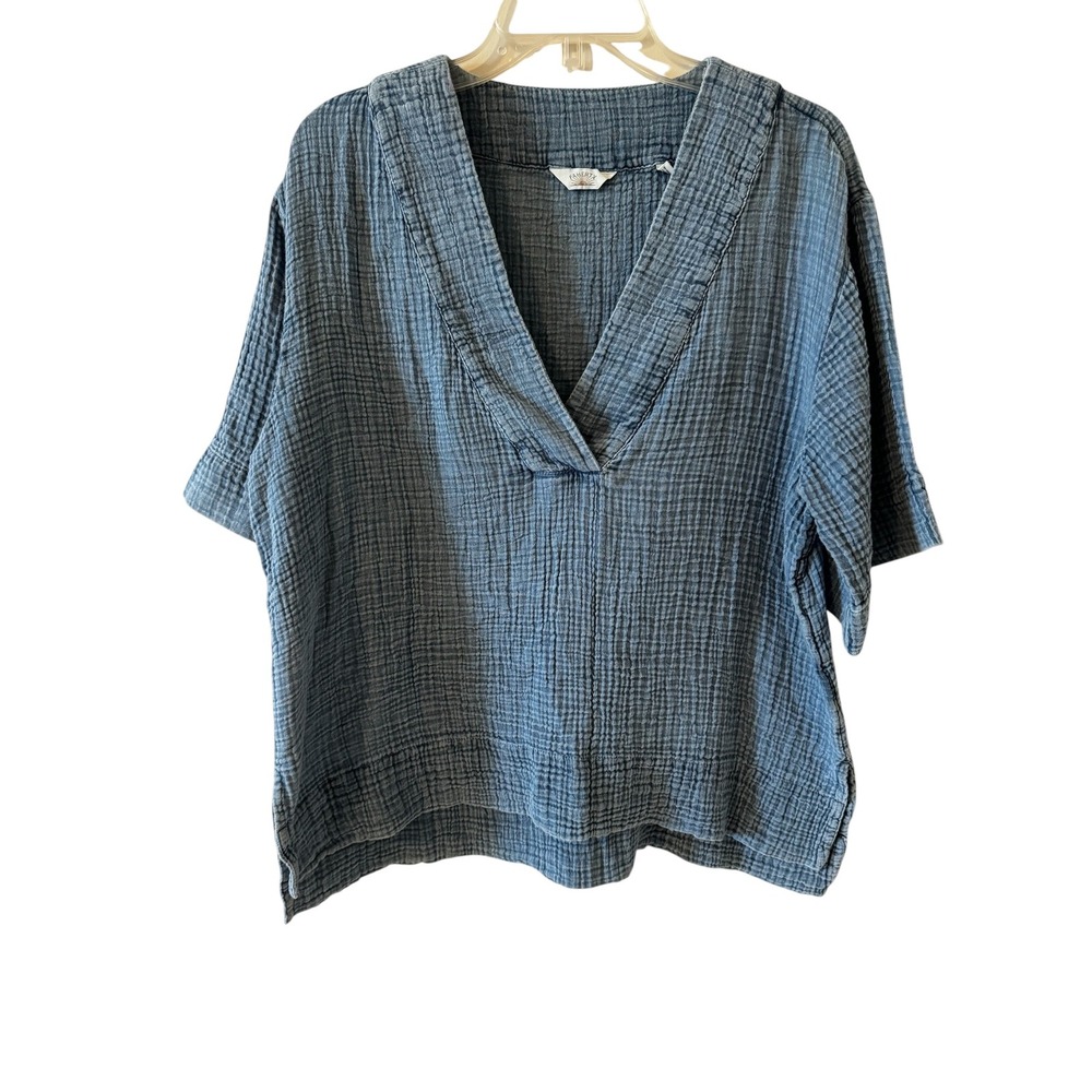 Faherty Women Blue Organic Cotton Double Gauze Indigo V-Neck Top Large L